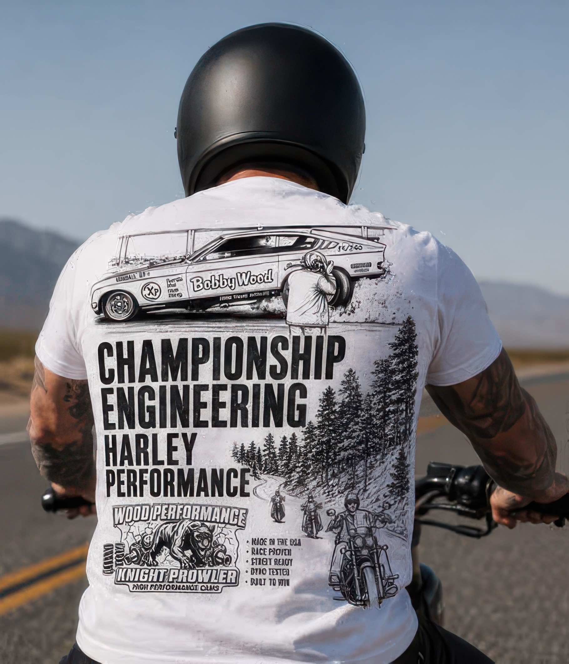 Rider wearing the Wood Performance Championship Engineering t-shirt